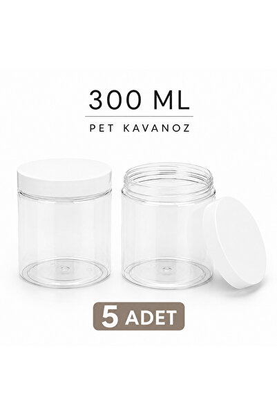 makrobay 300 ml - Şeffaf Pet Plastik Kavanoz - Beyaz Kapak - 5 Adet