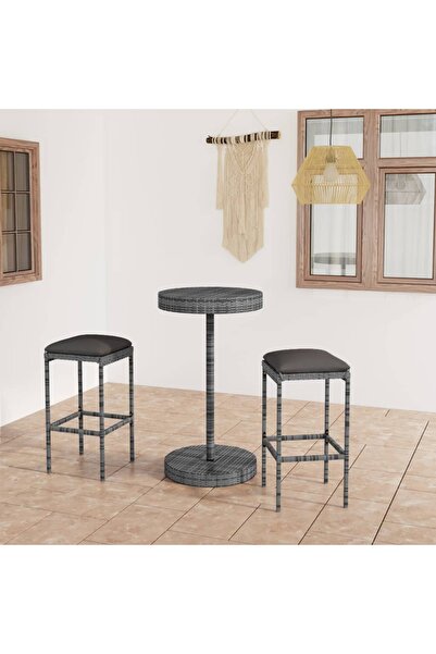 Concept Set mobilier bar de grădină, cu perne, 3 piese, gri, poliratan