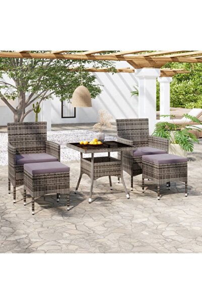 Concept Set mobilier exterior, 5 piese, gri, poliratan/ sticlă tratată