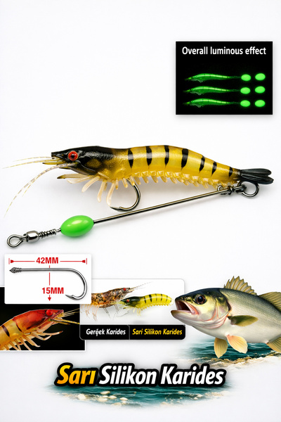 sr sazanrig Karides Shrimp Fosforlu Silikon Sarı Balık Yemi Kancalı 7.5 Cm
