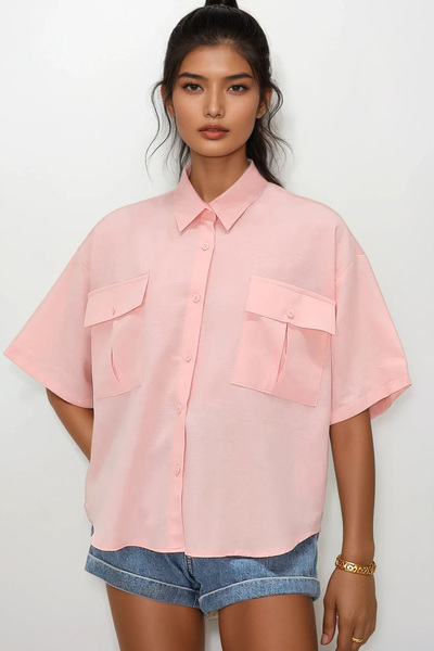 Trend Alaçatı Stili Rosa Leinenhemd mit Doppeltaschen und halben Ärmeln ALC-X...