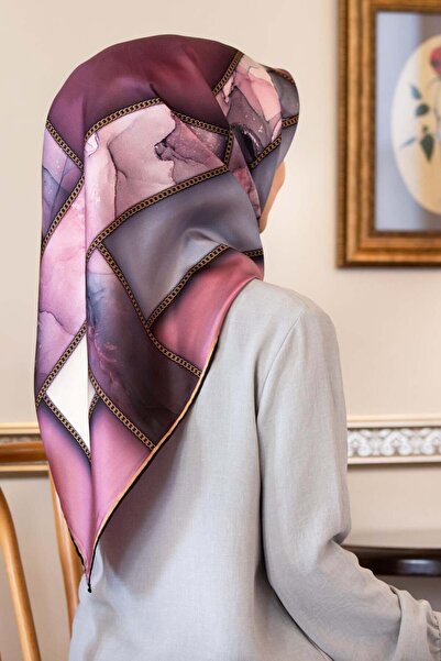 Vissona %100 Twill İpek Efektli Bant Desenli Lila - Gri Renkli 90x90 Eşarp Di...