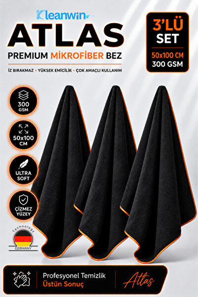 Kleanwin Atlas 3’lü Set 50x100 cm Premium Mikrofiber Araba Kurulama Bezi – Ma...