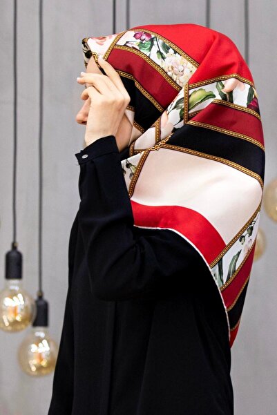 Vissona 100% Twill İpek Şeritli Çiçek Desenli Kırmızı - Krem Renkli 90x90 Dik...