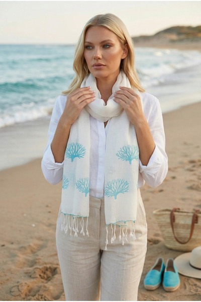Dosimira Stone Print Turquoise Coral Linen Scarf
