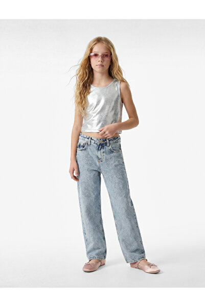 Koton Çiçek İşlemeli Bol Kesim Denim Pantolon