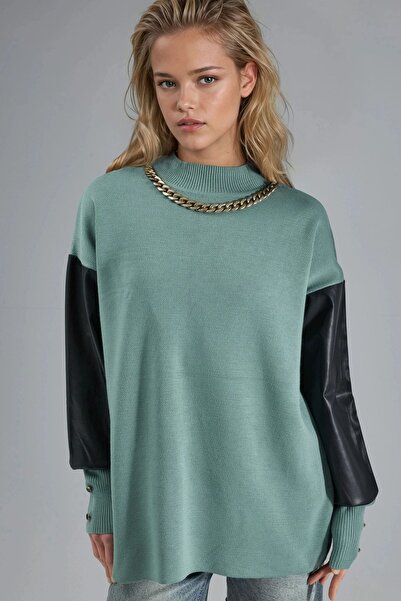 Hiccup My Fashion Faux Leather Detailed Sweater