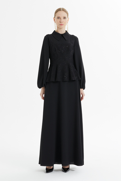 kı.we Dantel Detaylı Peplum Uzun Elbise