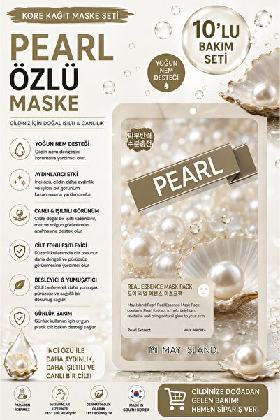 May Island Pearl Yüz Maskesi 10’lu – Işıltı Veren & Aydınlatıcı Kore Kağıt Ma...