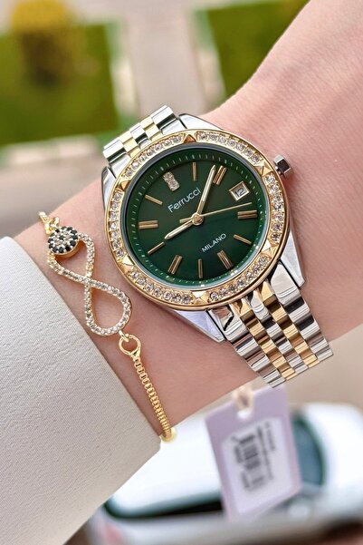 Ferrucci Dial Green Strap Gold Silver Color 34 mm Women's Wristwatch