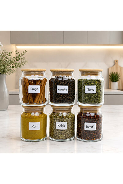 mafa home 6'lı Ahşap Bambu Vakum Kapaklı Cam Baharat Seti 300 Ml Etiket Ve Ka...