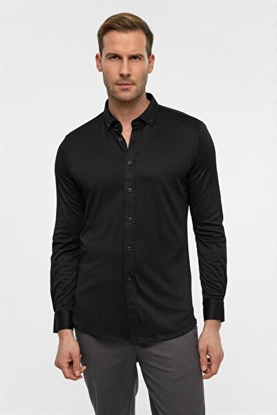 SÜVARİ Siyah Slim Düğmeli Yaka Manşetli Casual Gömlek