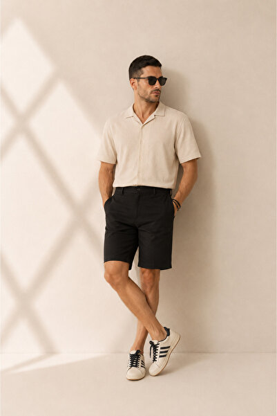 BRACCAS Erkek Yandan Cepli Klasik Bel Relaxed Fit Chino Şort Siyah