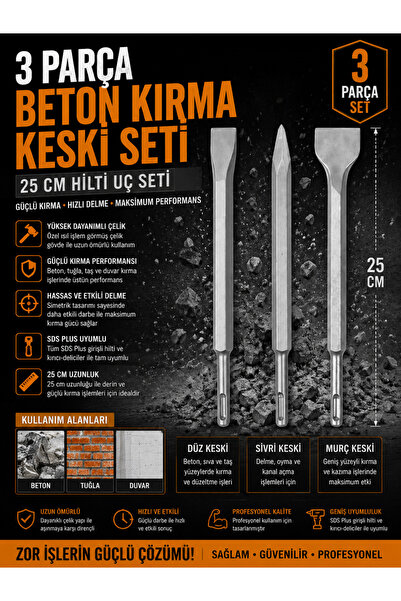 mucit home 3 Parça Beton Tuğla Duvar Kırma Delme Hilti Uç 25 CM Keski Murç Seti