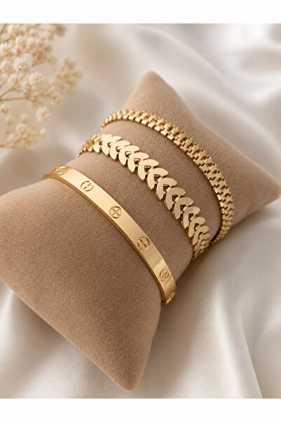 X-Lady Accessories Kadın Gold Renk Kılçık Model Tırtıl Model Düz Crt Model Kararmaz Çelik Kombin BileklikXL