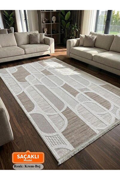 NaRStore Home Kaymaz Taban Saçaklı Krem Bej Modern Geometrik Yıkanabilir Kori...