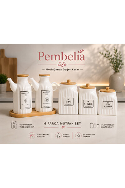 Kitchen Pembelia 2’li 6 Parça Standlı Çizgili Porselen 1000ml Yağdanlık Ve 3’...