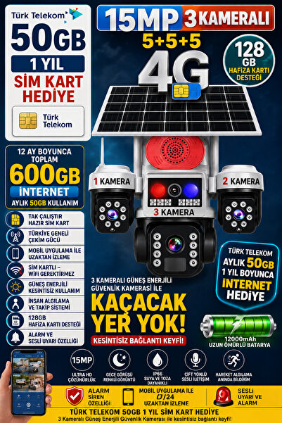 TRCharger 3 Kameralı Panelli 15MP Güvenlik Kamerası | Kırmızı & Mavi LED| Her...