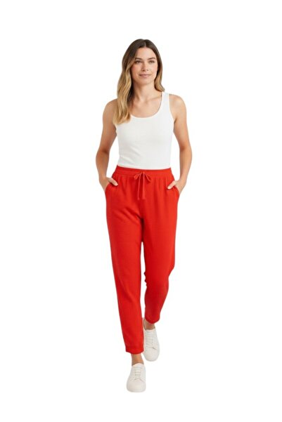 MODA Women's Elastic Waist Narrow Leg Muslin Linen Trousers