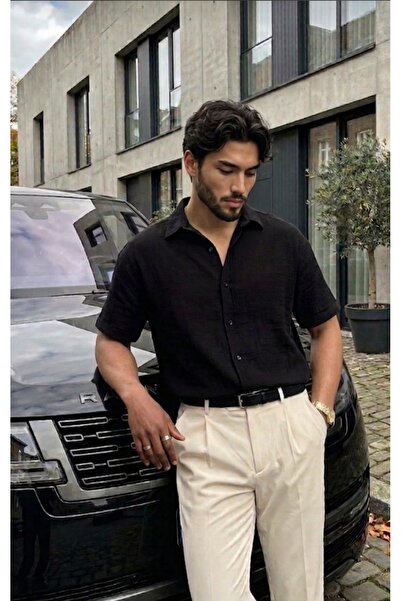 blackbonds Black Breathable Half Oversize Muslin Fabric Short Sleeve Collared...