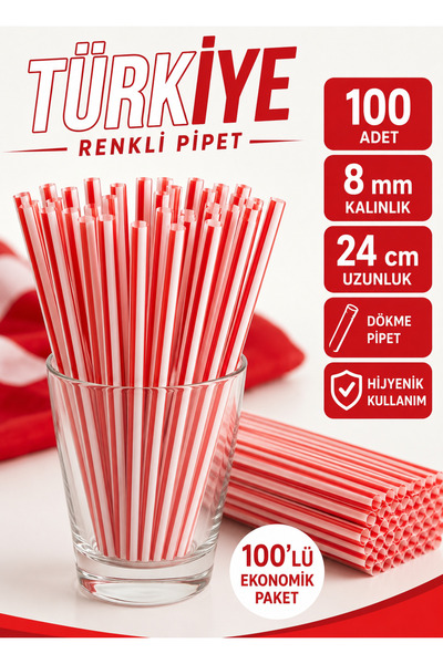ardin National Team Fan Straw 100 Pieces 8 mm 24 cm Red White