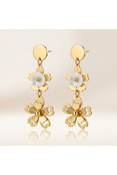 Siya Silver Non-Tarnish Steel Double Flower Dangle Long Earrings - 4.2 cm