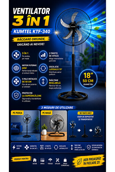 KUMTEL Ventilator cu picior KTF-340.K 3 in 1, 3 viteze, diametru 50 cm, Pale ...
