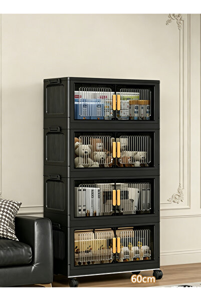 CozyWorld Black 4-Tier Foldable Storage Cabinet with Clear Striped Panels, 60...