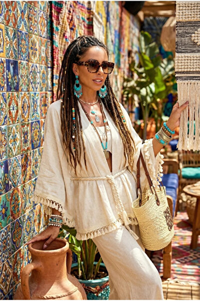 FASHION COCKTAIL Χοντρό ισπανικό καφτάν κιμονό από φυσικό λινό μποέμ, με φαρδ...