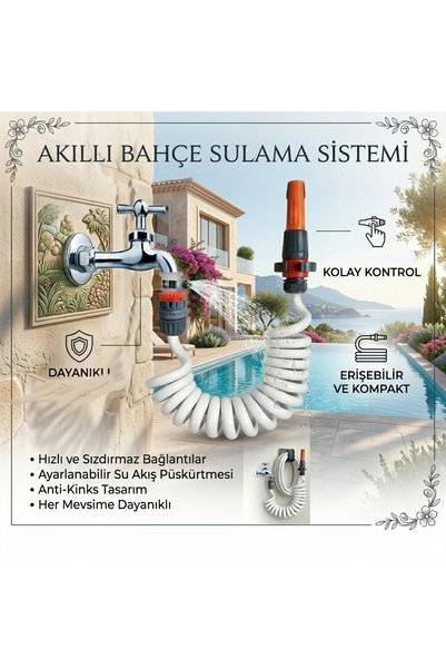 PLASYAY Spiral Sulama Hortumu Ve Ayarlı Lans Seti Yerli 5 Metre Beyaz