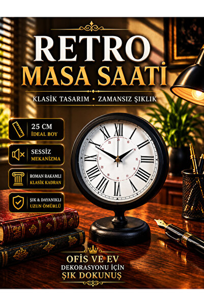 KOLAYEV Dekoratif Siyah Masa Saati 25 Cm Retro Metal Ofis Masa Üstü Sessiz Sa...