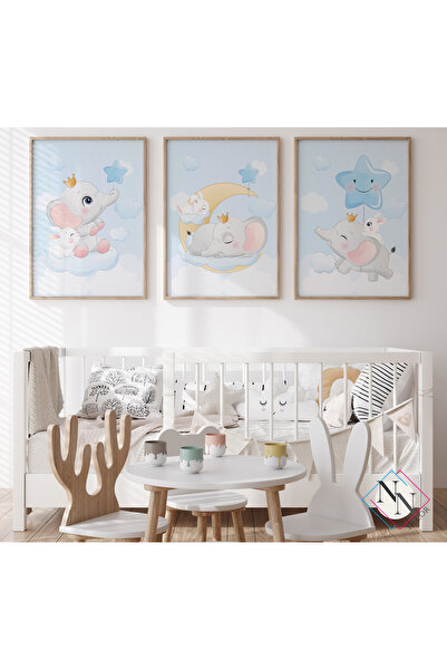 Elephant, Rabbit and Moon 3-Piece Set - Natural Wooden Frame, Baby and Children's Room Table Set