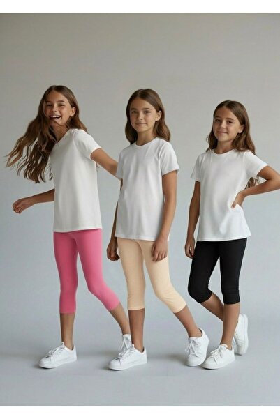 atölye kids Kız Çocuk 3’lü Kapri Tayt Seti Siyah Pembe Organik Krem Pamuklu R...