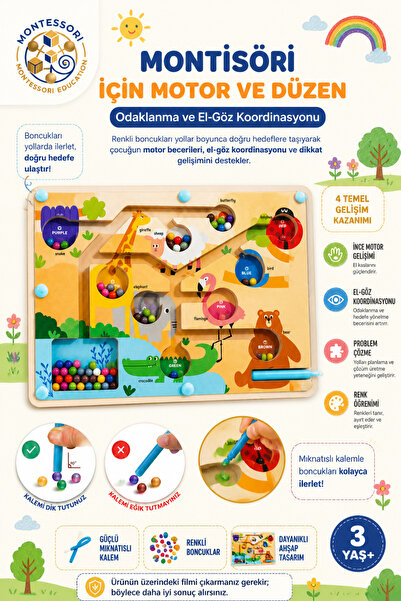 BBSKY Montessori Manyetik Ahşap Hayvanlar Labirenti 3+ Yaş Eğitici Renk Eşleş...