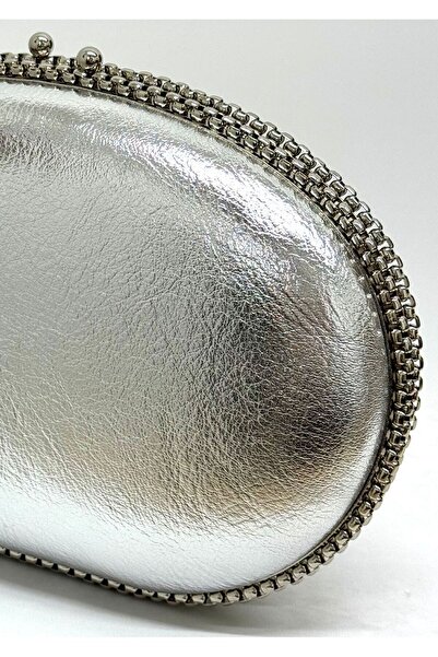 NAZART Kadın Kırışık Cilt Gümüş Abiye Clutch Zincir Askılı El ve Omuz Düğün Nişan Gece Çantası