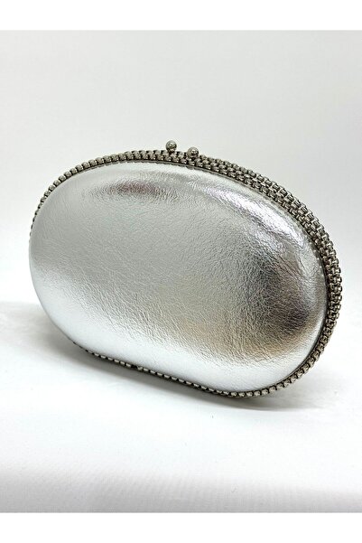 NAZART Kadın Kırışık Cilt Gümüş Abiye Clutch Zincir Askılı El ve Omuz Düğün Nişan Gece Çantası
