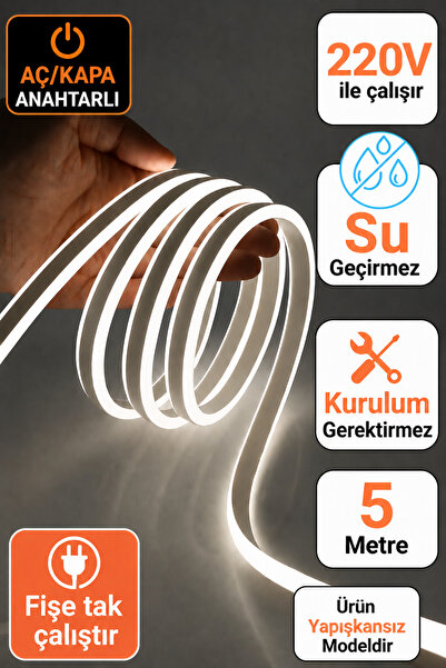Adrift Neon Esnek Şerit Led 5 Metre BEYAZ + 220 Volt Fiş
