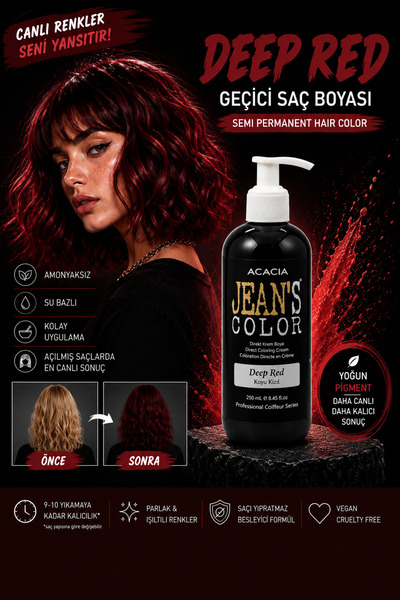 jeans color Amonyaksız Renkli Saç Boyası Koyu Kızıl 250ml. Kokusuz Su Bazlı D...