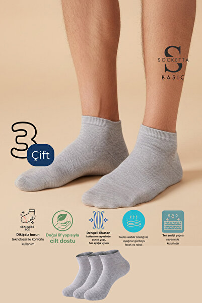 Socketta 3-Piece Gray Men's Cotton Seamless Flexible Booties Socks - Basic