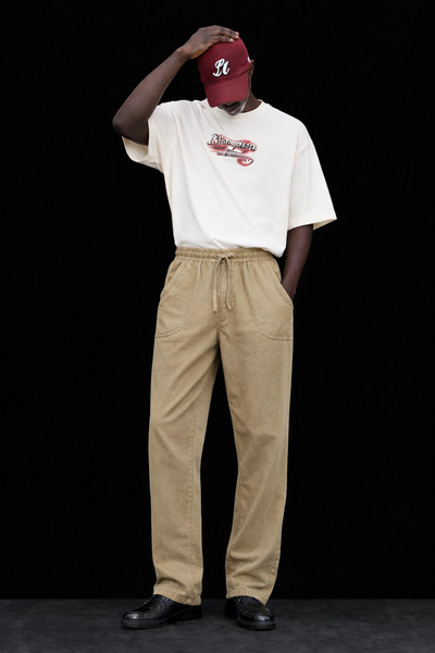 DAMGA JEANS Men's Low Waist Premium Loose Beige Linen Trousers