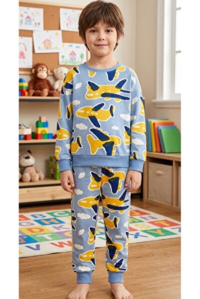 ALİŞ KİDS طقم بيجامة شتوية للأولاد من القطن المزخرف باللون الأزرق بنمط الطائر...