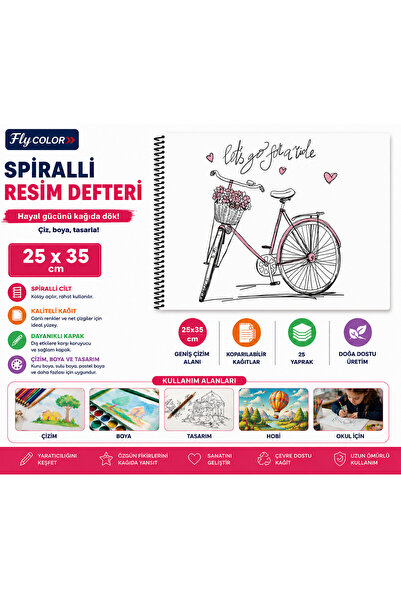 FLY COLOR 25x35 P.P Kapak Kopartılabilir Sayfalar Telli Resim Defteri Desenli...