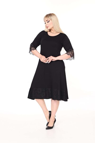 kısmet sepeti Women's Turuvakar Sleeve Guipure Detailed Black Combed Cotton S...