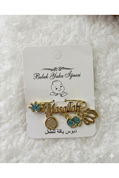 Kereminko Bebek Mashallah Written Blue Detailed Baby Lapel Pin