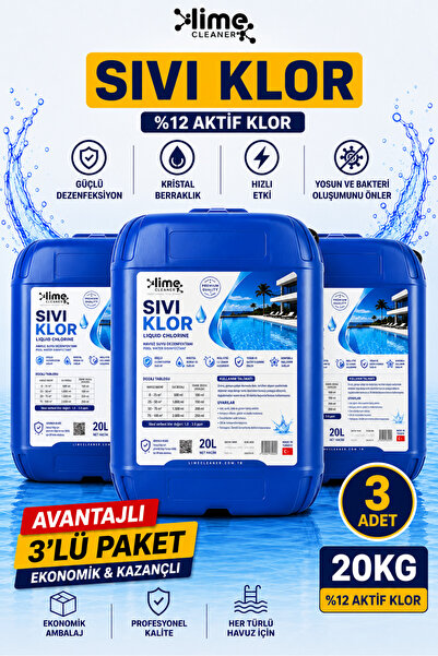 Lime Cleaner Sıvı Klor %12 Aktif Klor 20 Kg x 3 Adet (60 Kg) Profesyonel Havu...