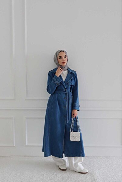 Neways 6458-Denim Allerli Trençkot Mavi