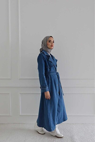 Neways 6458-Denim Allerli Trençkot Mavi