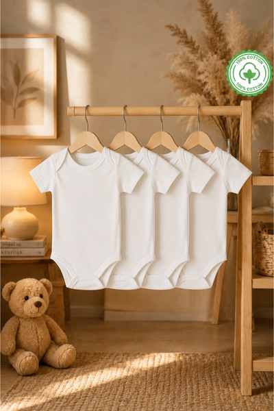 bebeqon %100 Pamuk 4’lü Beyaz Kısa Kol Bebek Body Çıtçıtlı Zıbın Seti