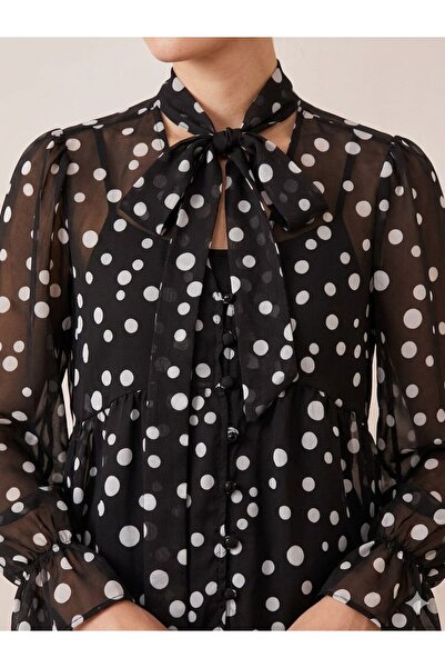 Lunea Womens Women's Black Polka Dot Tie-Up Buttoned Peplum Chiffon Shirt