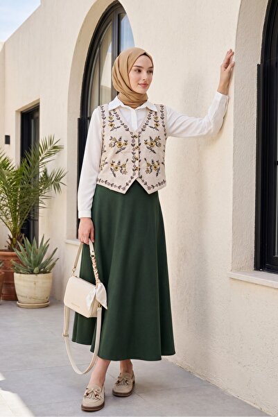 Modamorfo Floral Embroidered Buttoned Vest - Stone